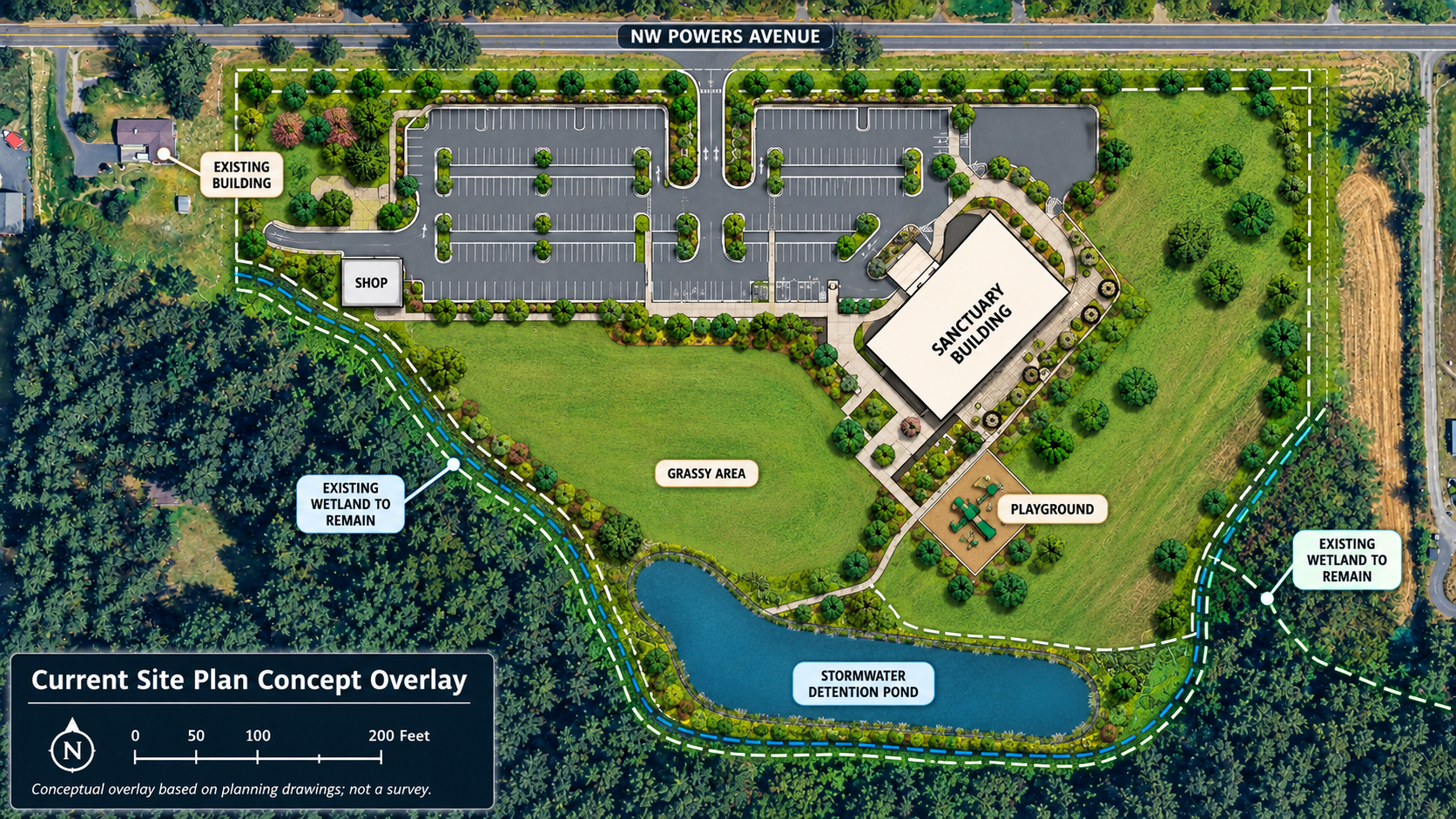 Conceptual aerial overlay of the current Northside proposal at NW Powers Avenue with parking, sanctuary building, grassy area, playground, and stormwater detention pond