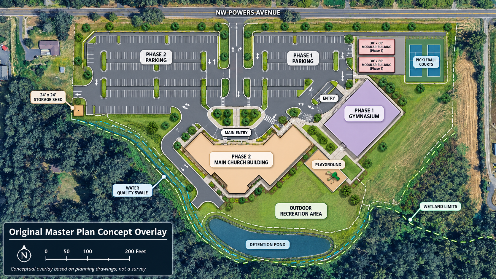 Conceptual aerial overlay of the original two-phase Northside campus plan at NW Powers Avenue